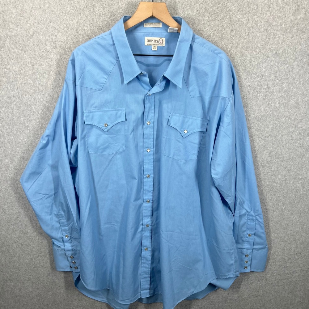 Vintage Sheplers Western Shirt Mens 20-37 Blue Pearl Snap Long Sleeve Tall EUC‎
